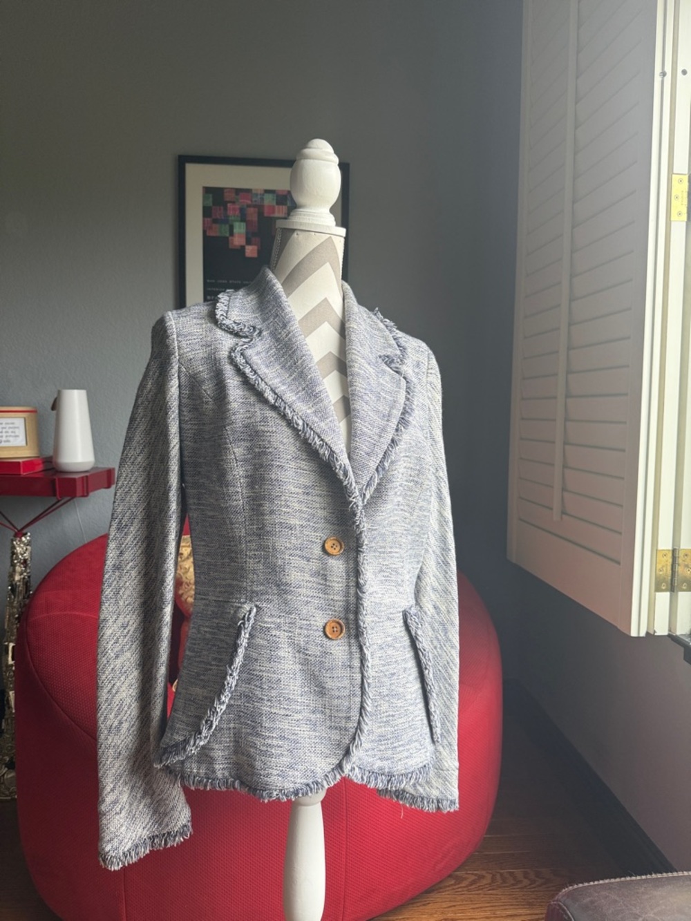 Boston Proper Heathered Light Gray Fringe-Trim Two-Button Blazer